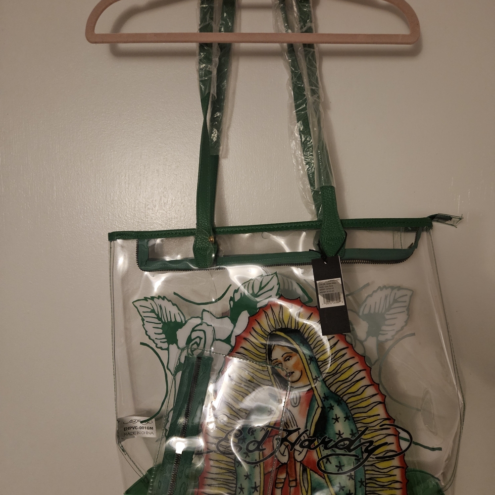 Ed Hardy Clear Tote with Green Trim and Virgen de Guadalupe Graphic - Picture 3 of 6